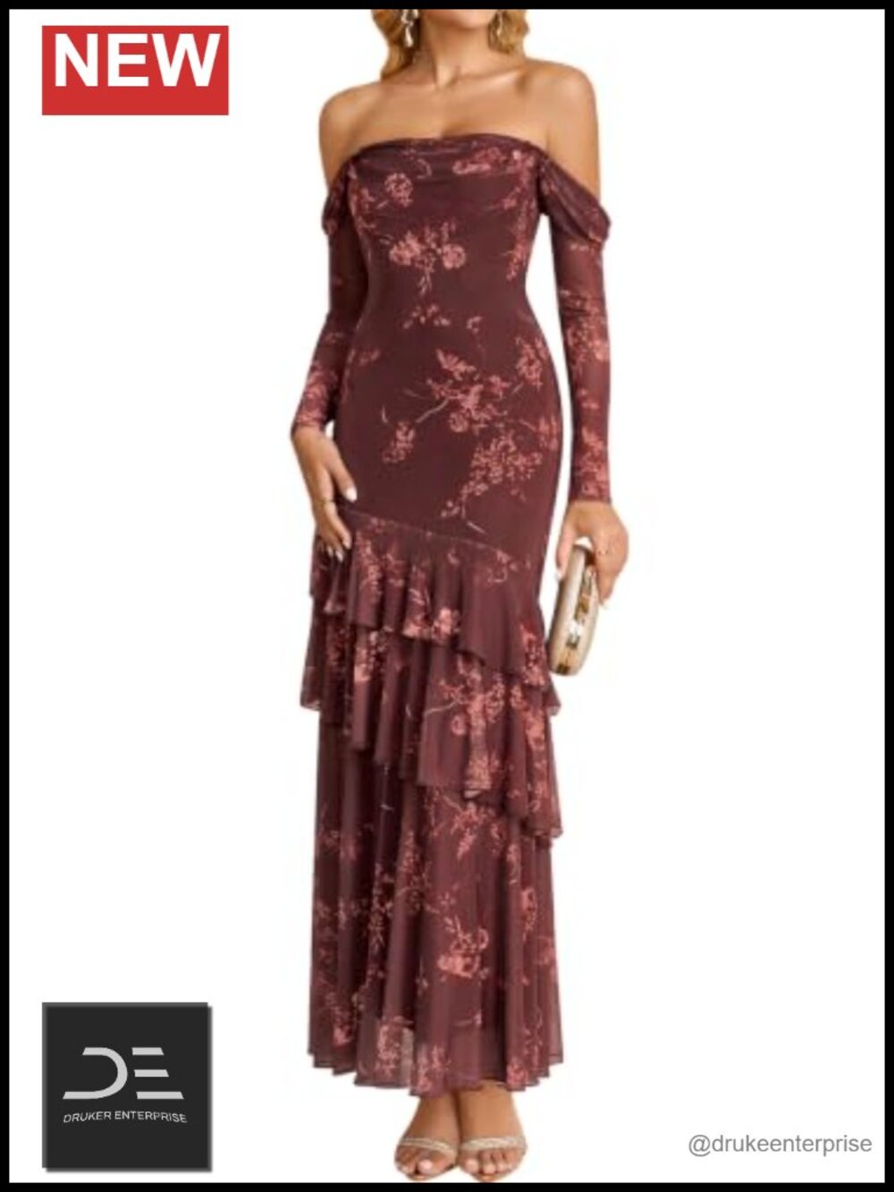 Off Shoulder Long Sleeve Maxi Dress Stretch Mesh Formal Wedding Guest